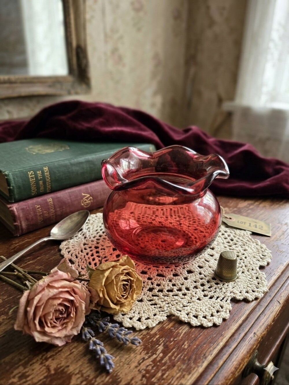 Vintage Ruby Red Ruffled Glass Rose Bowl